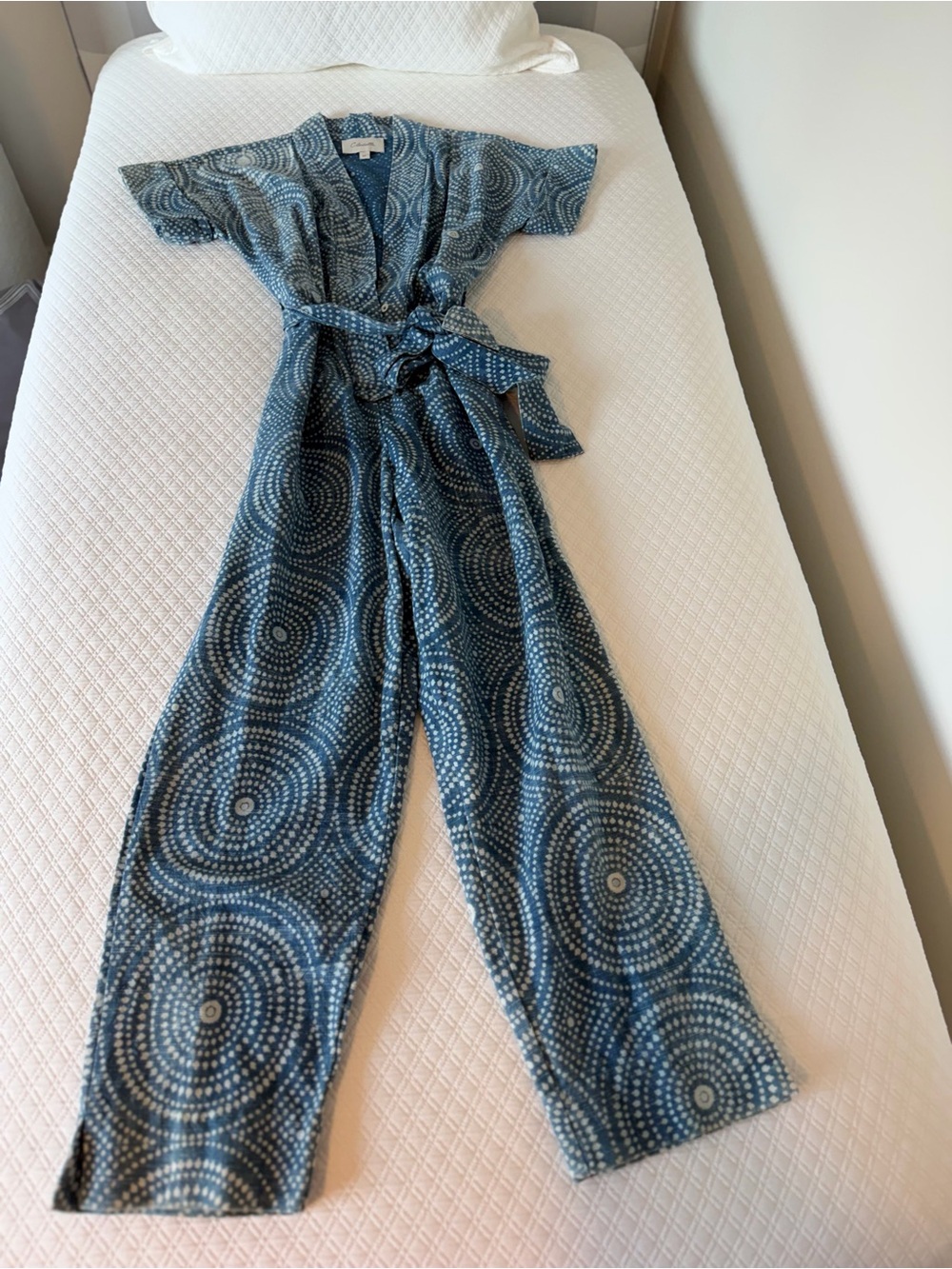 Cleobella Blue Circular-Print Wide-Leg Jumpsuit with Tie Waist